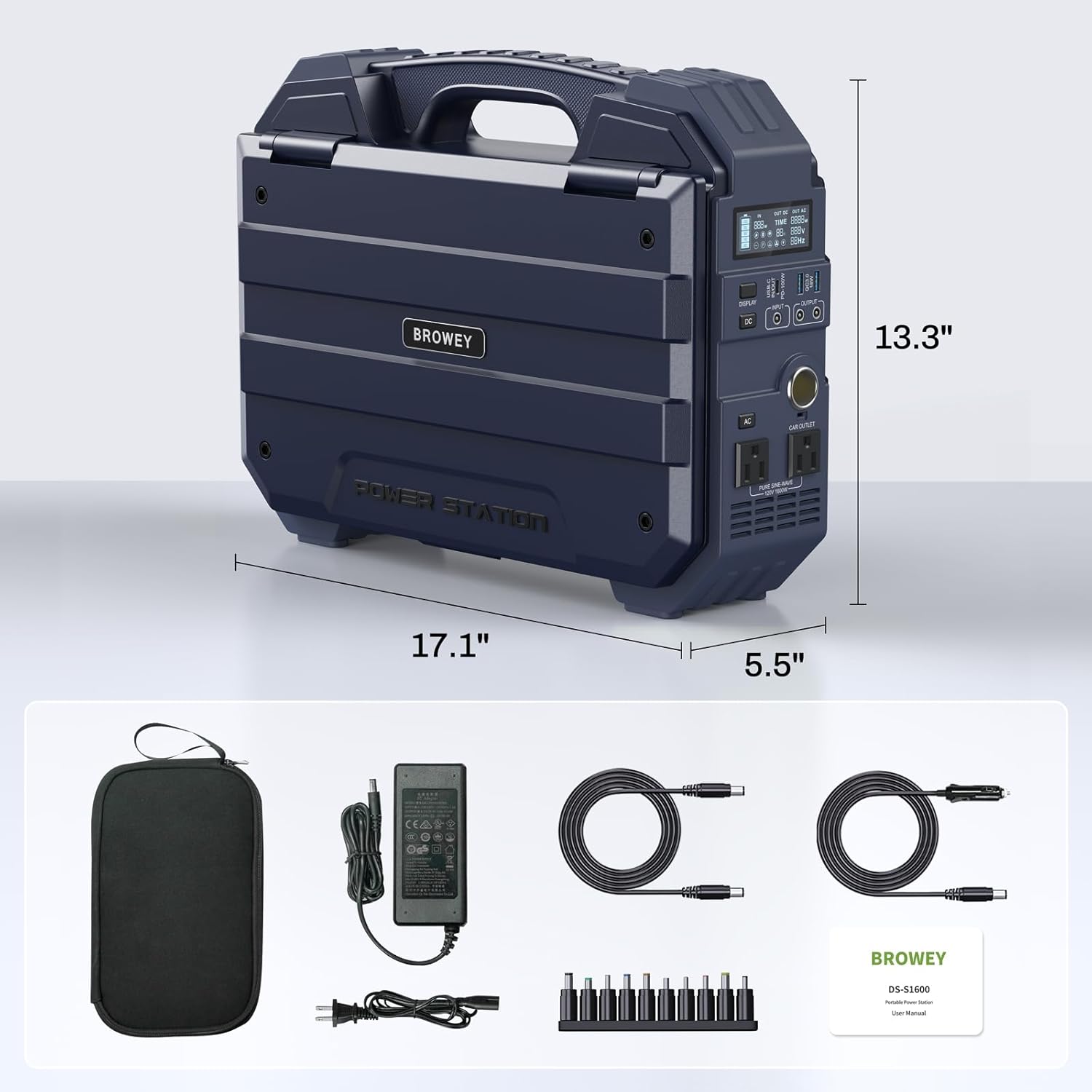 BROWEY 1600W (3200W Peak) Portable Power Station  1024Wh LiFePO4 Battery with Built-in Solar Panel  100W USB-C PD  Solar Generator for Camping  RV  Home Backup  Emergency (Dark Blue)