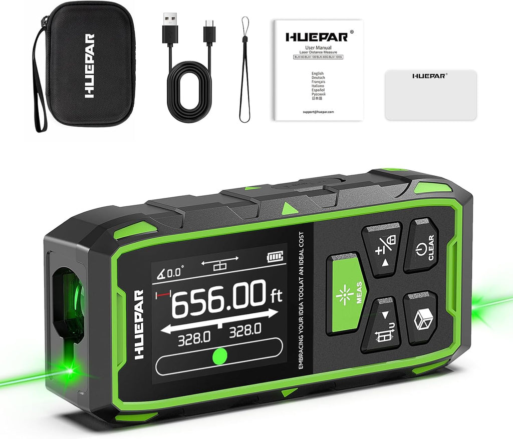 Huepar Dual Laser Measuring Tool, 656Ft Green-Beam Bilateral Digital Laser Distance Measure 6 Units Ft/in/M, Rechargeable Laser Measurement Tool -Backlit LCD Display, Length/Area/Volume/Angle Sensor