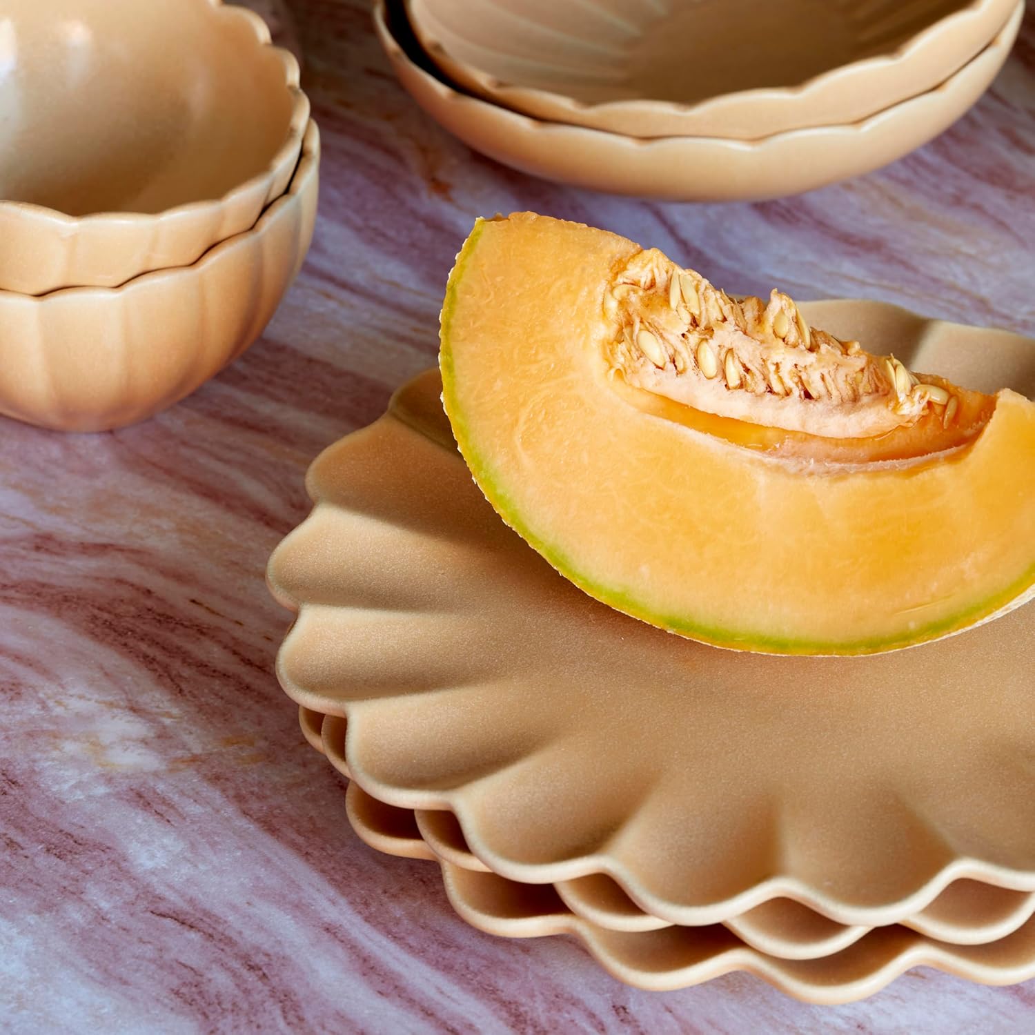 LEMIEUX ET CIE Dhalia 4-Piece Bowl Set Stoneware, Bowls, Dishwasher and Microwave Safe, Dish Set for 4, Camel