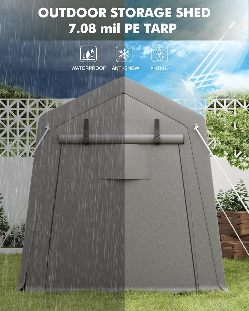 7x10 FT Portable Carport Storage Shed Tent – Heavy Duty Waterproof & UV-Resistant Motorcycle Tent with Roll-Up Zipper Doors, Steel Frame Shelter for Bike, Outdoor Tools & Equipment, Grey