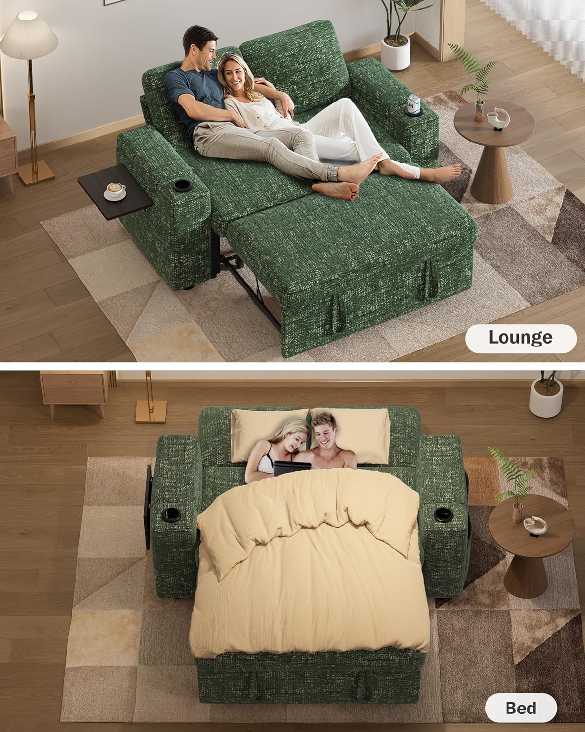 Vipbear 65" Loveseat Sleeper Sofa with Pull Out Bed, Chenille 3-in-1 Convertible Sofa Bed with Reclining Backrest|USB Ports|Cup Holders|Side Table|Storage Armrests, Tool Free Assembly, Green