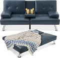 Best Choice Products Faux Leather Upholstered Modern Convertible Futon, Adjustable Folding Sofa Bed, Guest Bed w/Removable Armrests - Blue