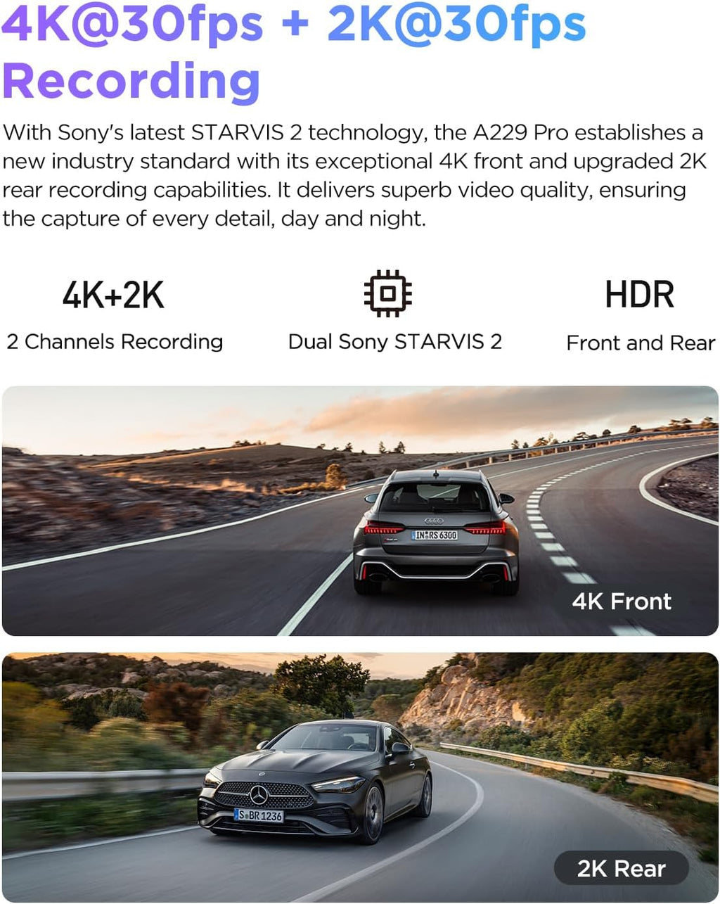 VIOFO A229 Pro 4K HDR Dash Cam  Dual STARVIS 2 IMX678 IMX675  4K+2K Front and Rear Car Camera  2 Channel with HDR  Voice Control  5GHz WiFi GPS  Night Vision 2.0  24H Parking Mode