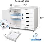 DEVAISE 5-Drawer Wood Drawer Cabinet, Office Storage Cabinet with Adjustable Shelf & Wheels, Printer Stand for Home Office, White