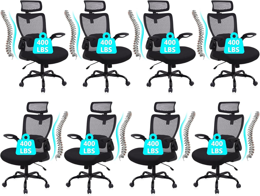 CLATINA Heavy Duty Ergonomic Mesh Office Chair 400LBS, Big and Tall Desk Chair with Adjustable Lumbar Support & Headrest, Flip Up Padded Arms, High Back Computer Chair for Home Office, Black, 8 Pack
