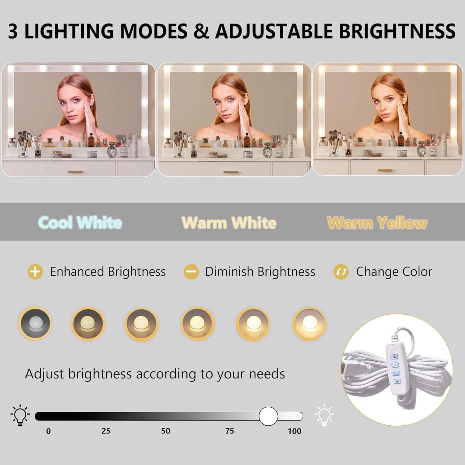 44" Vanity Desk with Mirror and Lights, Glass Top Makeup Vanity with RGB Ambient Lights & 7 Drawers, Large Dressing Table with Power Outlet for Bedroom, White