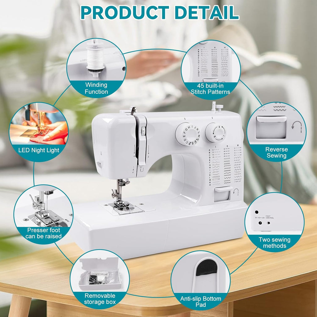Mini Sewing Machine for Beginners Kids, Portable Sewing Machine with 45 Built-In Stitches and High Speed, Double Needle with 42PCS Sewing Kit Us Plug (110v), Sewing Gifts for Women Mom