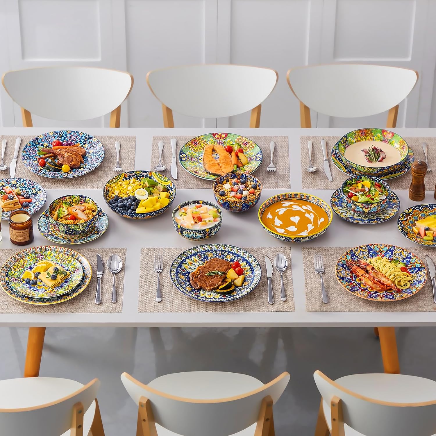 vancasso 24 Pieces Dinnerware Sets, Plates and Bowls Set, Porcelain Dishes Set for 6, Microwave and Dishwasher Safe, Scratch Resistant, Bohemian Style Dining Ware Service for 6, Series SIMI