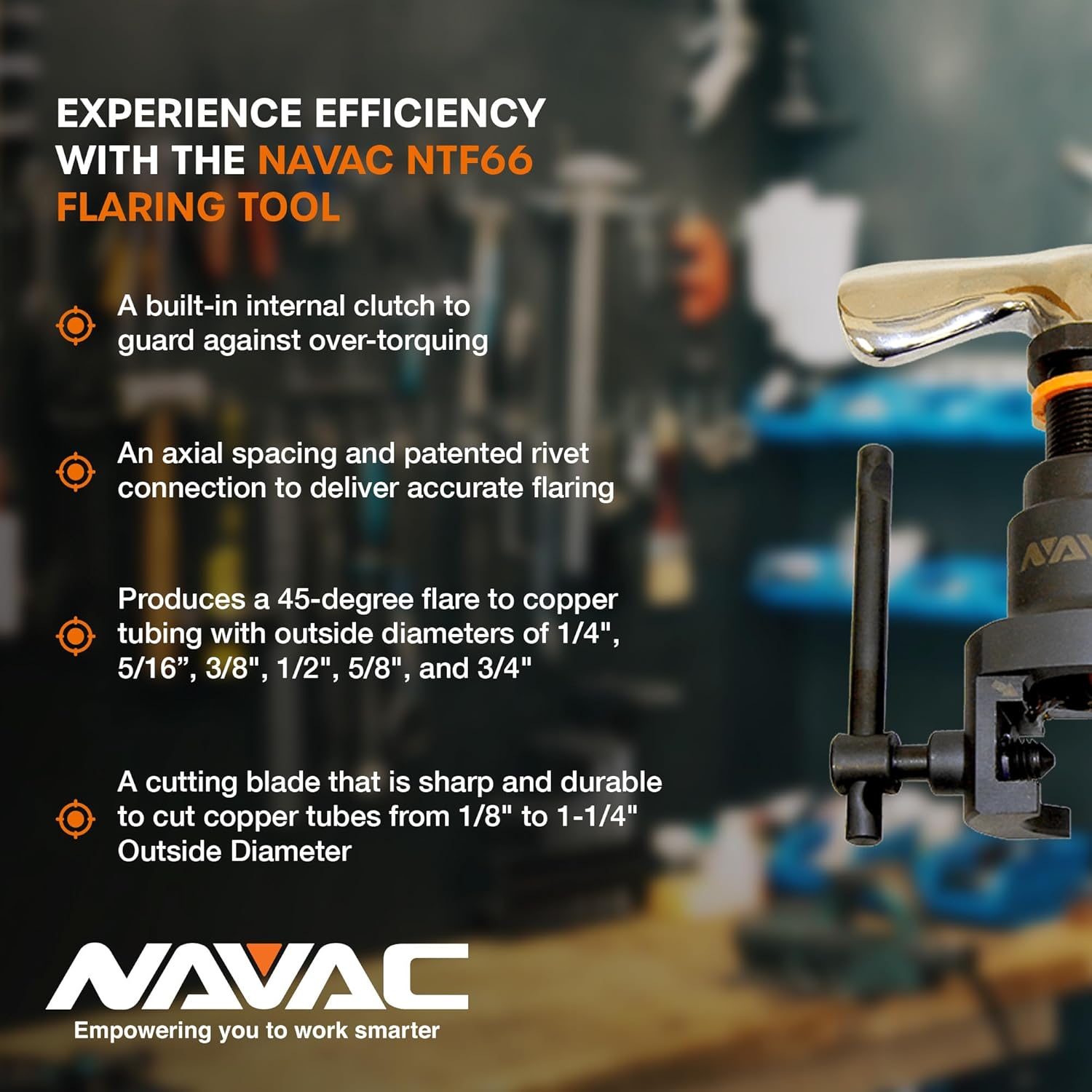 NAVAC NTF66 Flaring Tool | Internal Clutch Support | Axial Spacing | Patented Rivet Connection | Eccentric Cone | 45-Degree Flare | 1 Year Warranty