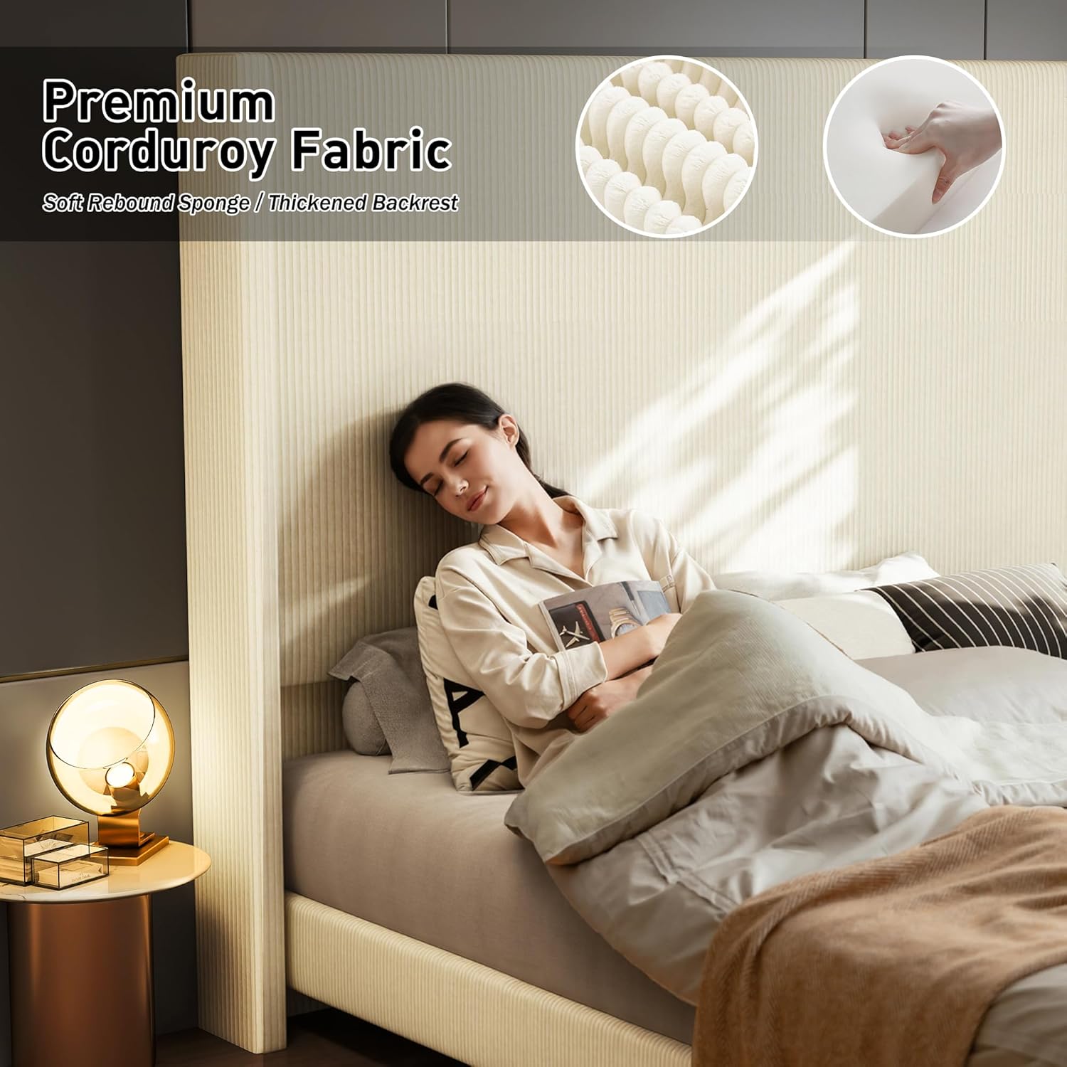King Size 65.2" Upholstered Bed Frame with USB Charging Station,Soft Washable Corduroy Cover with Wingback Headboard, Solid Wood Legs/Noise-Free/No Box Spring Needed/Beige