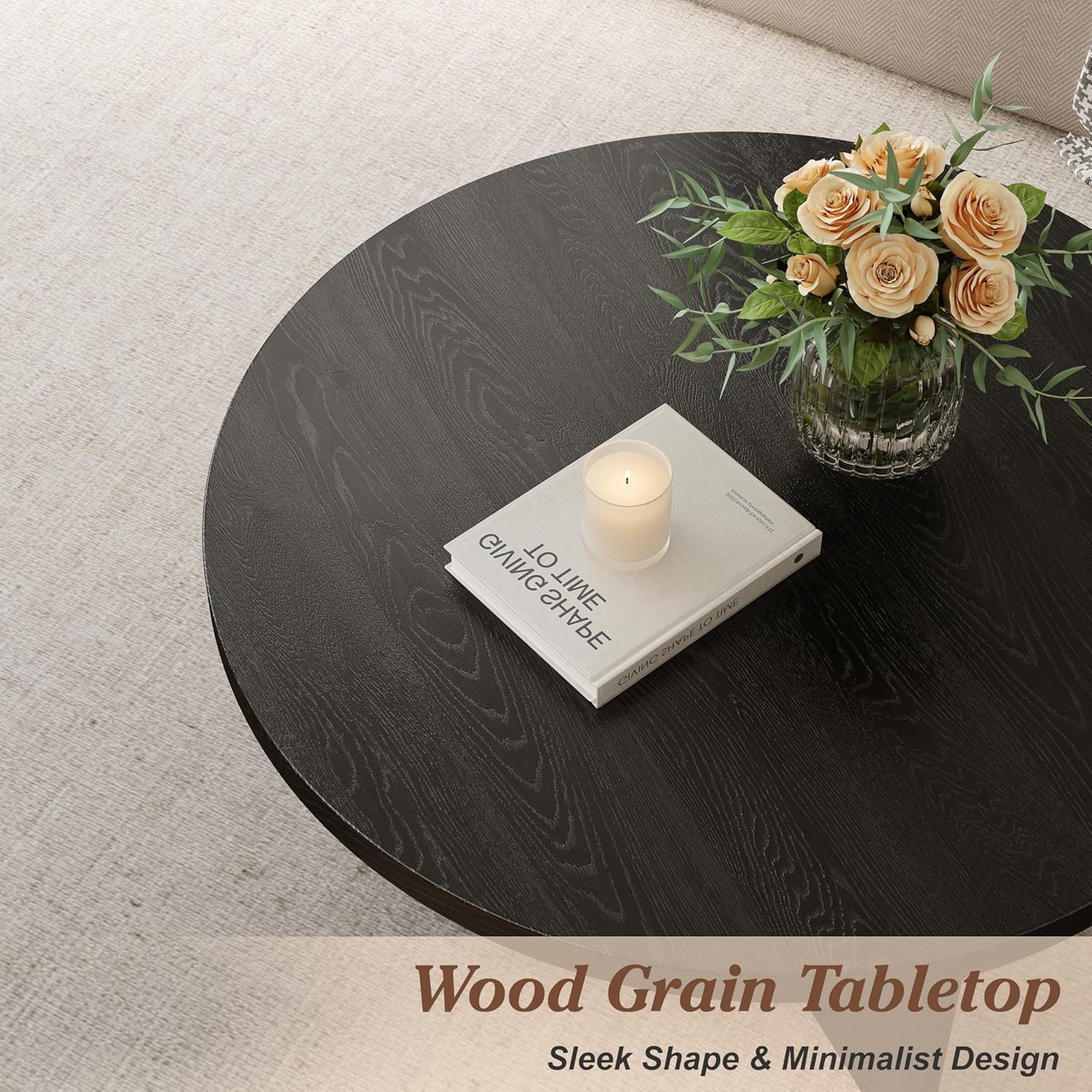 Luoxiao 27.5" Round Black Coffee Table, Modern Wood Grain Center Table with Triangle Pedestal Base, Low Profile Circular Accent Table for Living Room, Small Spaces & Apartments, Easy Assembly