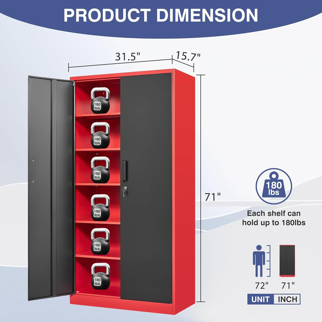 Metal Storage Cabinet with Lock,71 Inch Garage Cabinet with 2 Doors and 5 Adjustable Shelves,Steel Storage Cabinets for Garage,Home Office,Pantry,School(Red & Black)