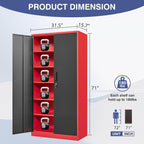 Metal Storage Cabinet with Lock,71 Inch Garage Cabinet with 2 Doors and 5 Adjustable Shelves,Steel Storage Cabinets for Garage,Home Office,Pantry,School(Red & Black)