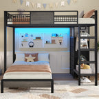 ADORNEVE Bunk Bed Twin Over Twin Size with 8 Storage Drawers, Twin Bunk Beds with Led Lights & Storage Shelves, Metal Loft Bed with 13.4" H Safety Guardrail & Ladder, for Kids & Teens, Black