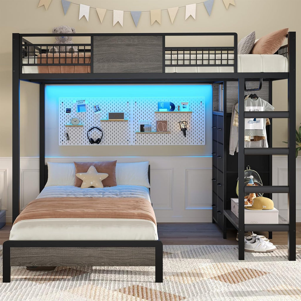 ADORNEVE Bunk Bed Twin Over Twin Size with 8 Storage Drawers, Twin Bunk Beds with Led Lights & Storage Shelves, Metal Loft Bed with 13.4" H Safety Guardrail & Ladder, for Kids & Teens, Black