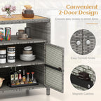 Tangkula Rattan Outdoor Storage Cabinet, Patiojoy Outdoor Cabinet with Acacia Wood Countertop, Open Compartment, 2-Door Wicker Sideboard, Outdoor Bar for Patio Garden Backyard Poolside (Mix Grey)