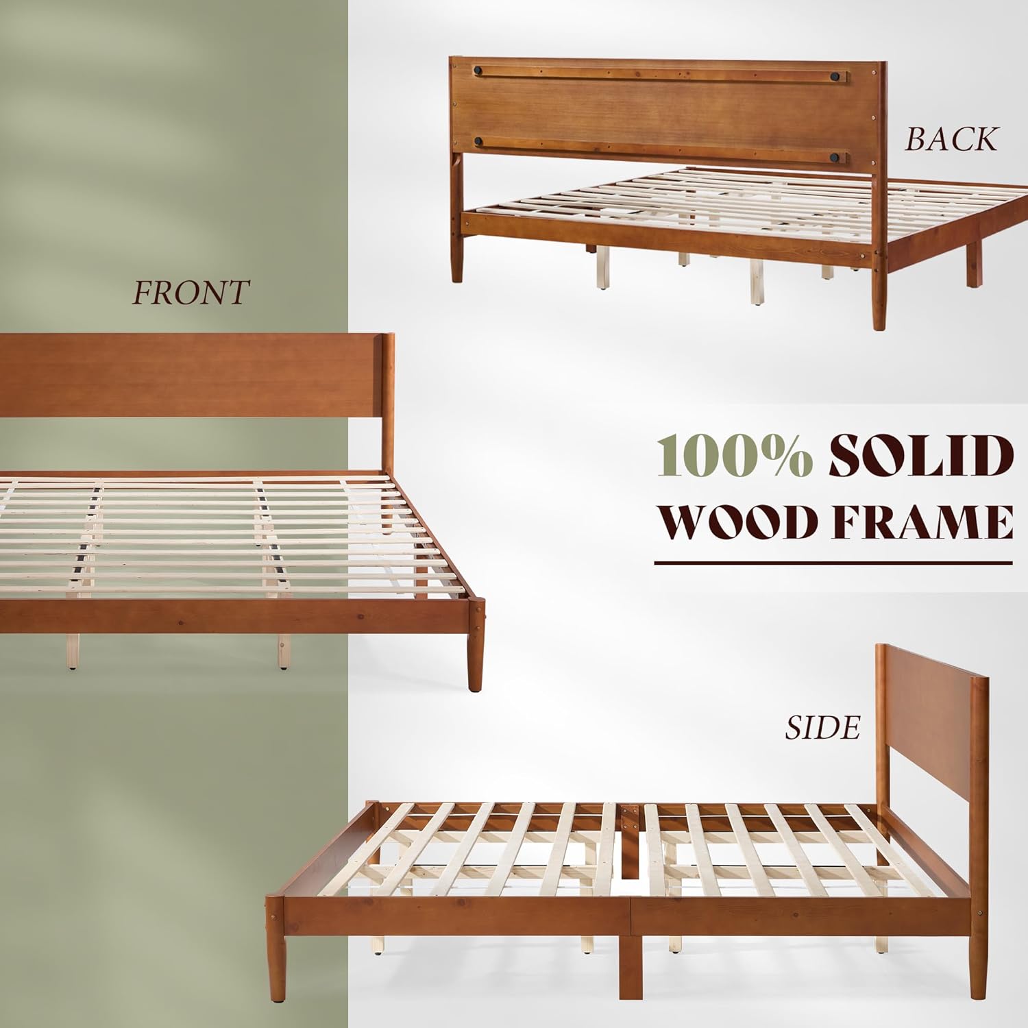 AMERLIFE Solid Wood Queen Bed Frame, Mid Century Modern Platform Bed with Full Panel Headboard, Wooden Bed with Cylindrical Legs, No Box Spring Needed & Noise-Free, Brown Walnut