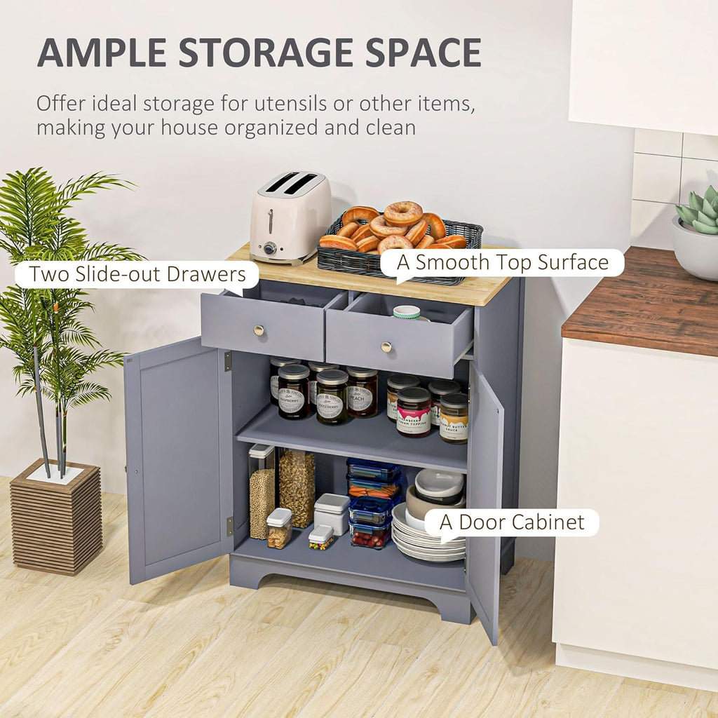 HOMCOM Sideboard Buffet Cabinet with Solid Wood Countertop, Modern Kitchen Storage Cabinet, Coffee Bar Cabinet with 2 Drawers, Doors and Adjustable Shelf, Gray