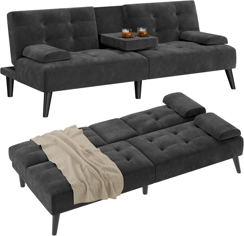 Shintenchi Futon Sofa Bed, Velvet Foldable Couch, Reclining Sleeper with Removable Armrests, Upholstered Loveseat Sofa Couch with Folding Cup Holders for Home, Office(Black)