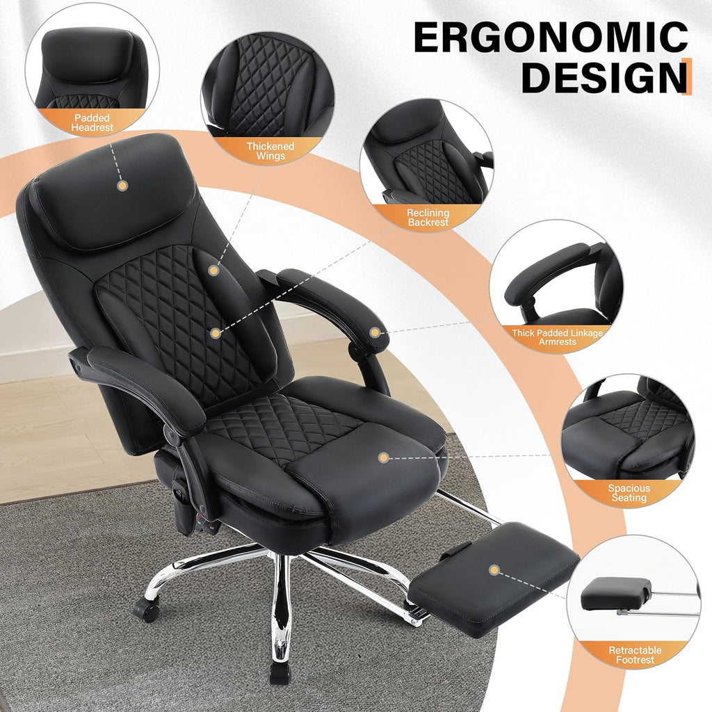 500LBS Massage Office Chair, 6 Points Vibration & Heat Executive Office Chairs, 135°Reclining Comfy Desk Chair with Foot Rest, Wider & Thicker Seat Cushion, PU Leather Big and Tall Gaming Chair, Black