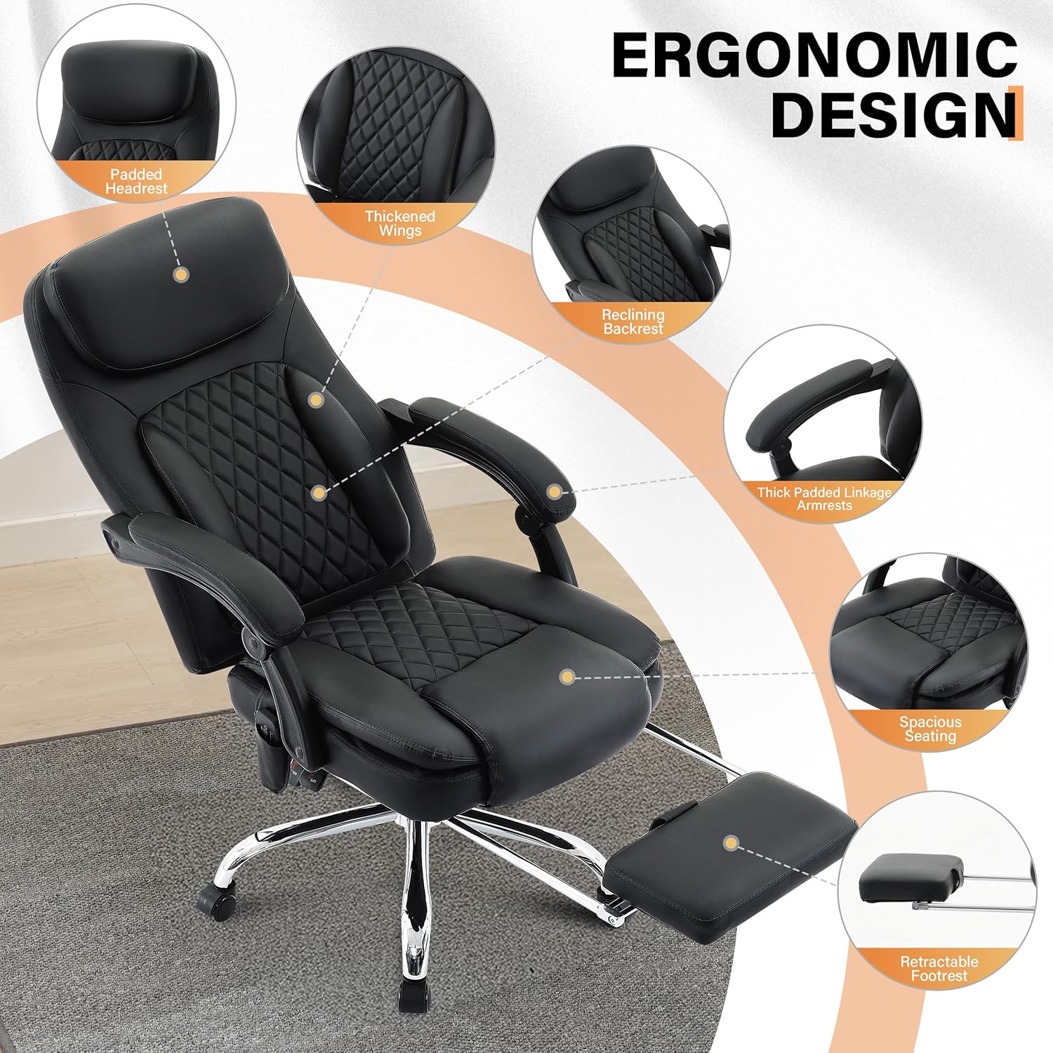 500LBS Massage Office Chair, 6 Points Vibration & Heat Executive Office Chairs, 135°Reclining Comfy Desk Chair with Foot Rest, Wider & Thicker Seat Cushion, PU Leather Big and Tall Gaming Chair, Black