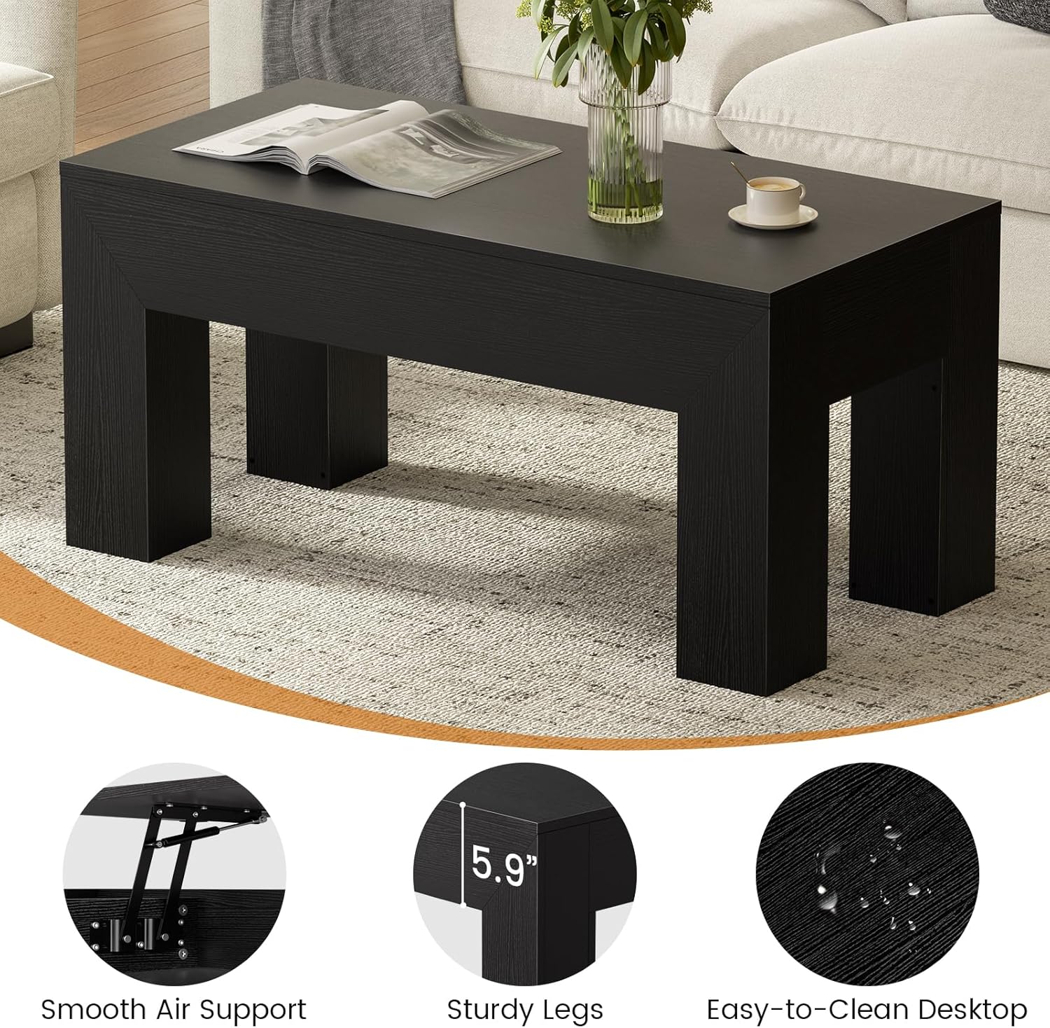 FABATO 41.7'' Lift Top Coffee Table, Wooden Rectangle Coffee Table with Hidden Storage, Large Center Table Adjustable Height Sofa Table for Living Room Office Apartment, Black