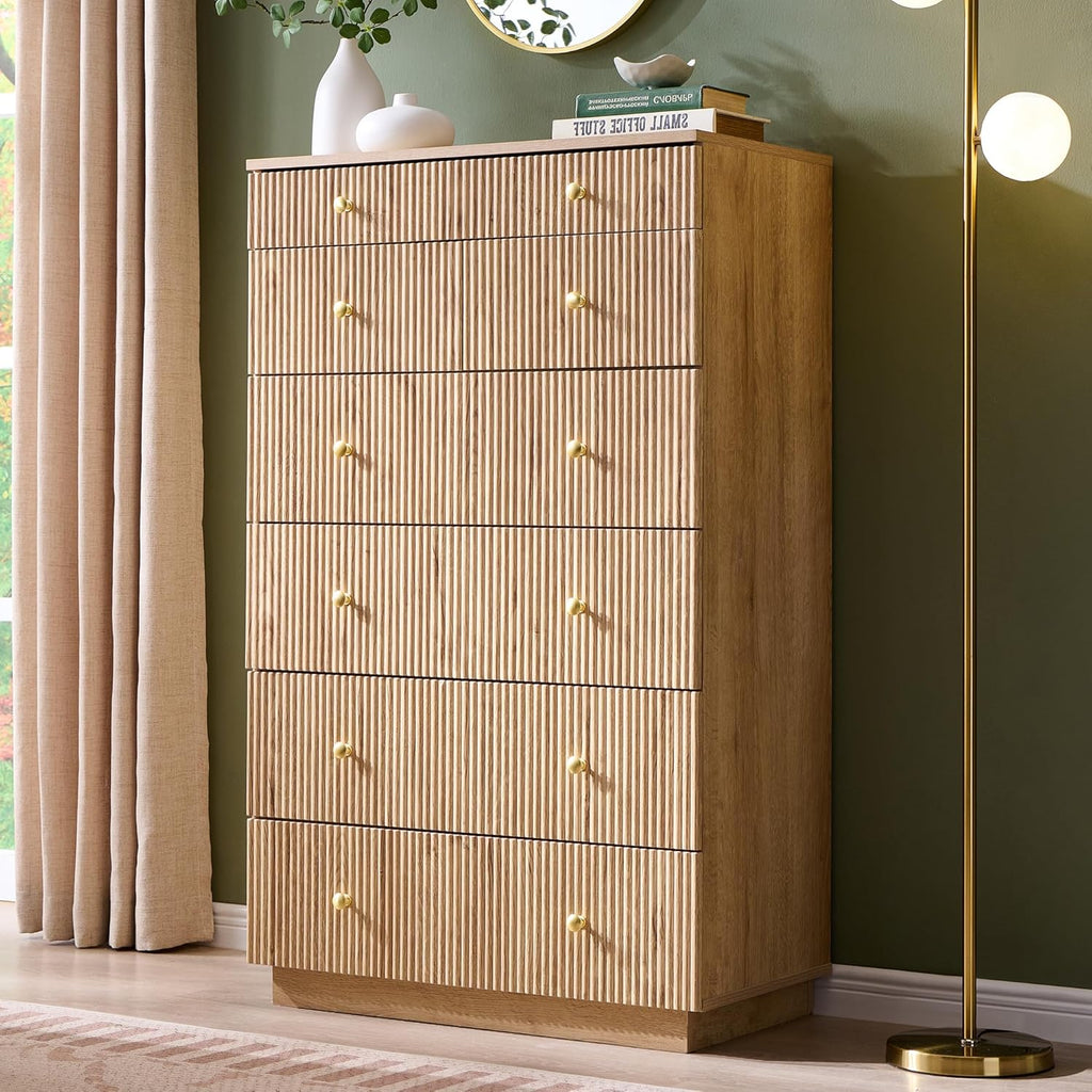Fluted Dresser for Bedroom, 48" H 7 Drawer Dressers, Wood Tall Dresser Storage Organizer, Modern Bedroom Chest with Deep Storage for Closet Hallway, Entryway, Living Room Natural