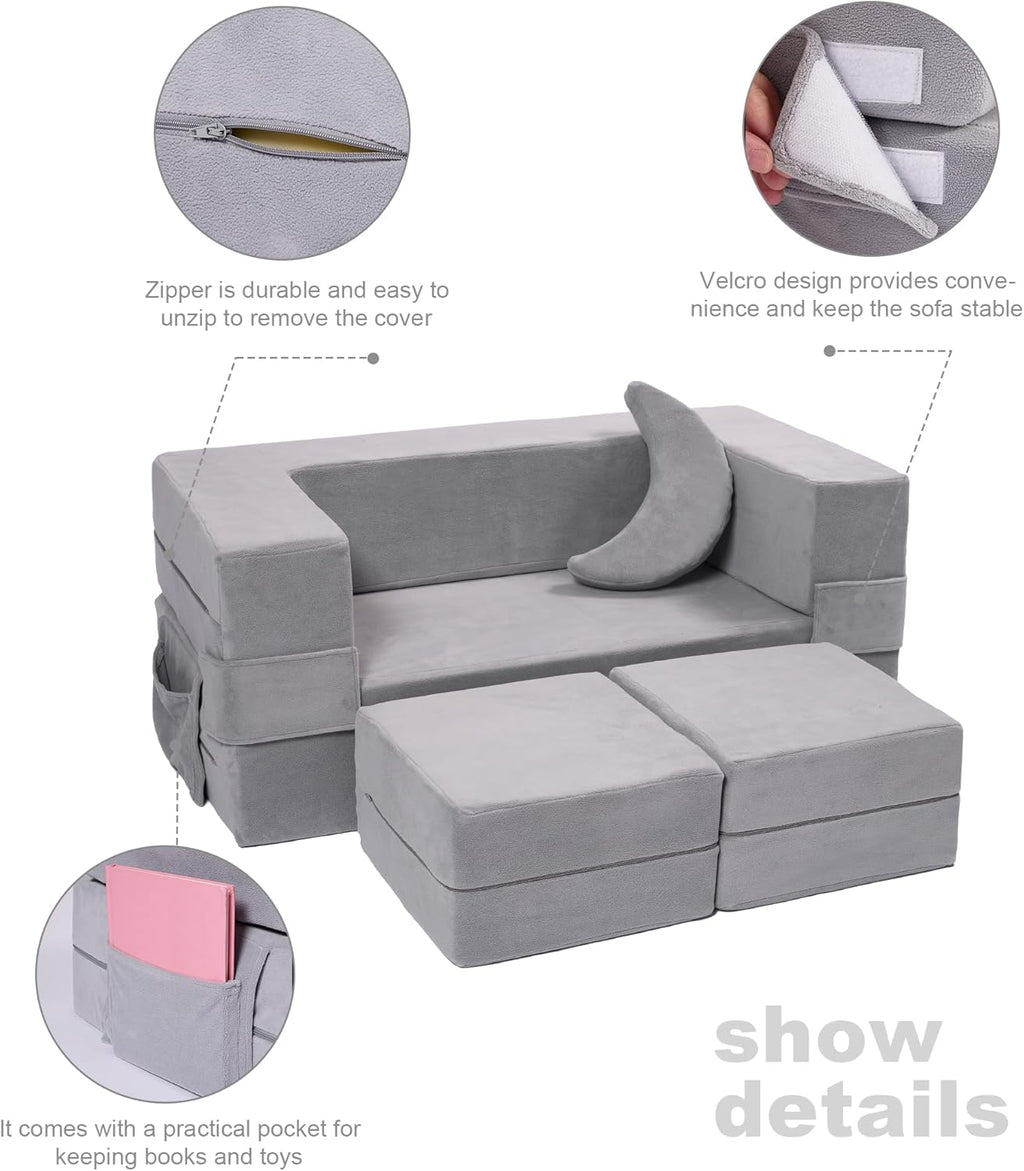 Elftopia Modular Kids Sofa,Toddler Couch Foam Armchair for Kids, Children Convertible Plush Sofa Play Set,Fold Out SofaBed(Grey)