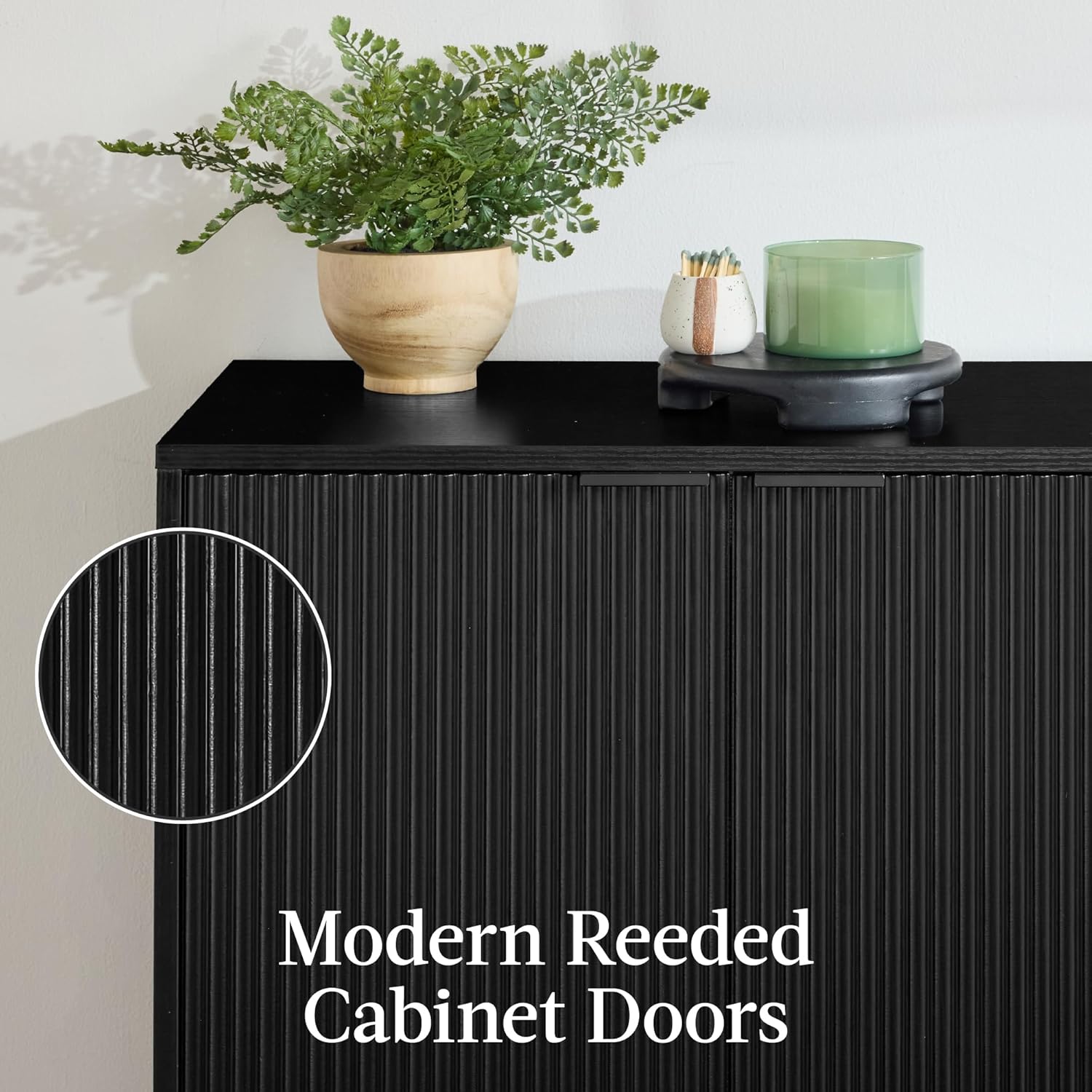 Best Choice Products 55" Modern 4-Door Sideboard Storage Cabinet, Buffet, Media Cabinet, Cupboard, Entryway Accent Table, Bookcase w/Reed Panels and Adjustable Shelves - Black