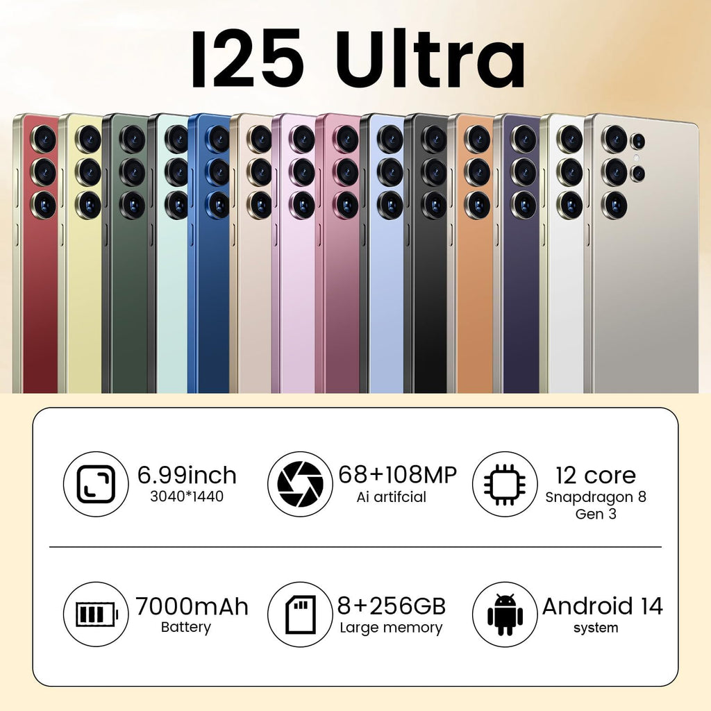 I25 Ultra 5G Smartphone, 8+256GB Unlocked Phone, Android 14.0, 68+108MP Zoom Camera, Mobile Phone with Build-in Pen,Long Battery Life 7000mAh, Dual SIM, 6.99“ HD Screen,5G/4G (Wine Red)