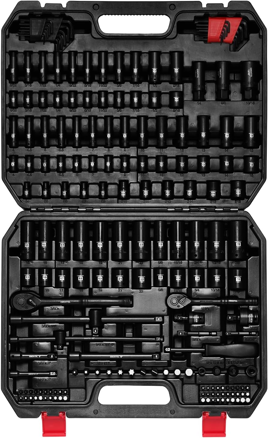 EMENTOL 189-Piece Impact Socket Set, 1/4" & 3/8" Drive Metric and SAE Sizes, CR-V Steel, Includes Deep & Shallow Sockets, Ratchets, Bits, Extensions, Spark Plug Socket & More, with Plastic Tool Case