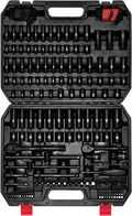 EMENTOL 189-Piece Impact Socket Set, 1/4" & 3/8" Drive Metric and SAE Sizes, CR-V Steel, Includes Deep & Shallow Sockets, Ratchets, Bits, Extensions, Spark Plug Socket & More, with Plastic Tool Case