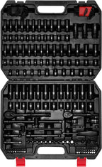 EMENTOL 189-Piece Impact Socket Set, 1/4" & 3/8" Drive Metric and SAE Sizes, CR-V Steel, Includes Deep & Shallow Sockets, Ratchets, Bits, Extensions, Spark Plug Socket & More, with Plastic Tool Case