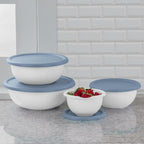 Sterilite Covered Bowl Set, Plastic Nesting Kitchen Mixing Bowls with Pour Spout, Meal Prep Food Storage Containers with Lids, Washed Blue (Set of 12)