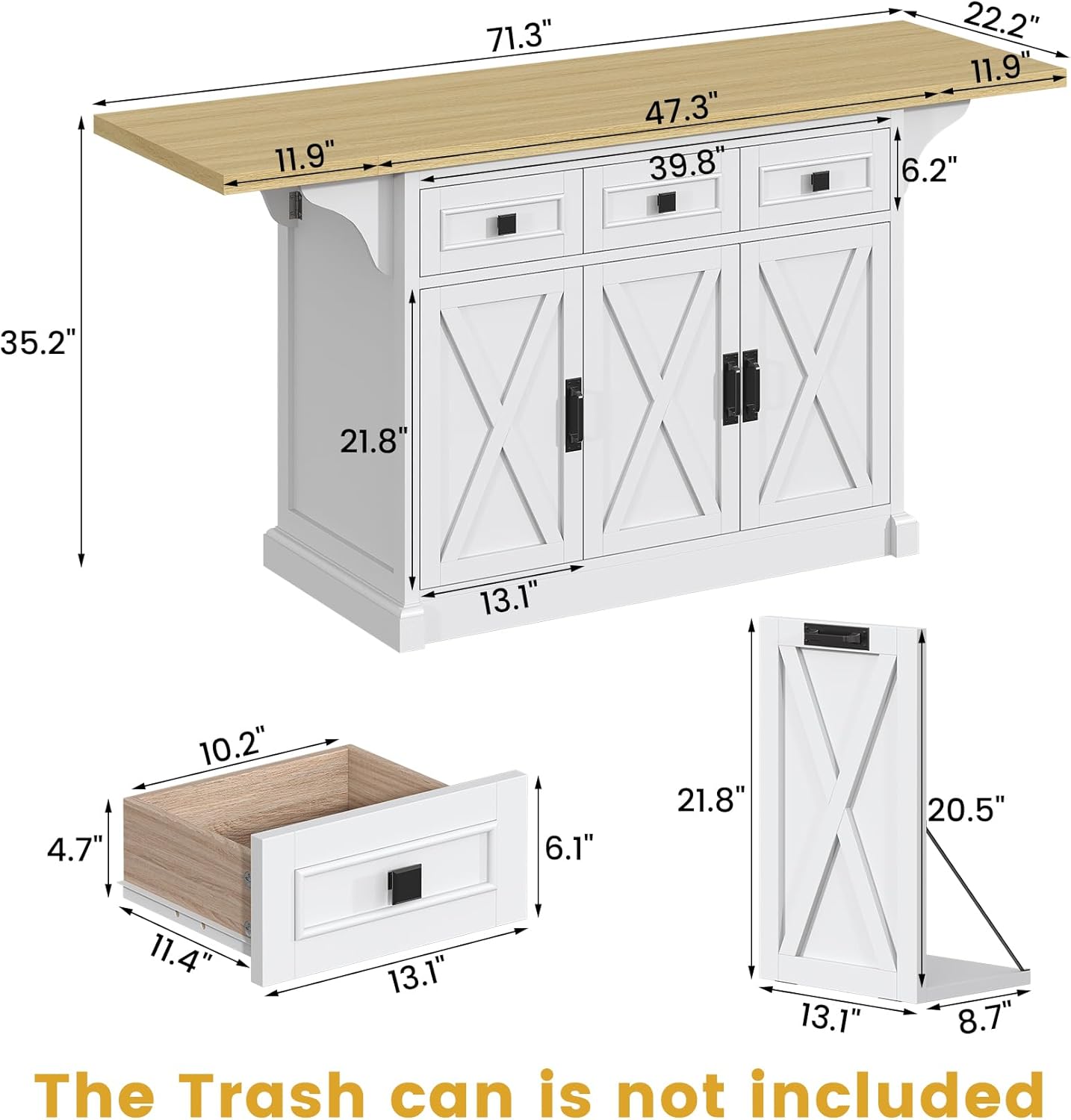 Bigbiglife 71.3" Large Kitchen Island with Drop Leaf, Power Outlet, Kitchen Island Cart w/ 3 Solid Drawers, Island Table with Trash Storage Cabinet & 3 Large Storage Rack, Spice Rack, White