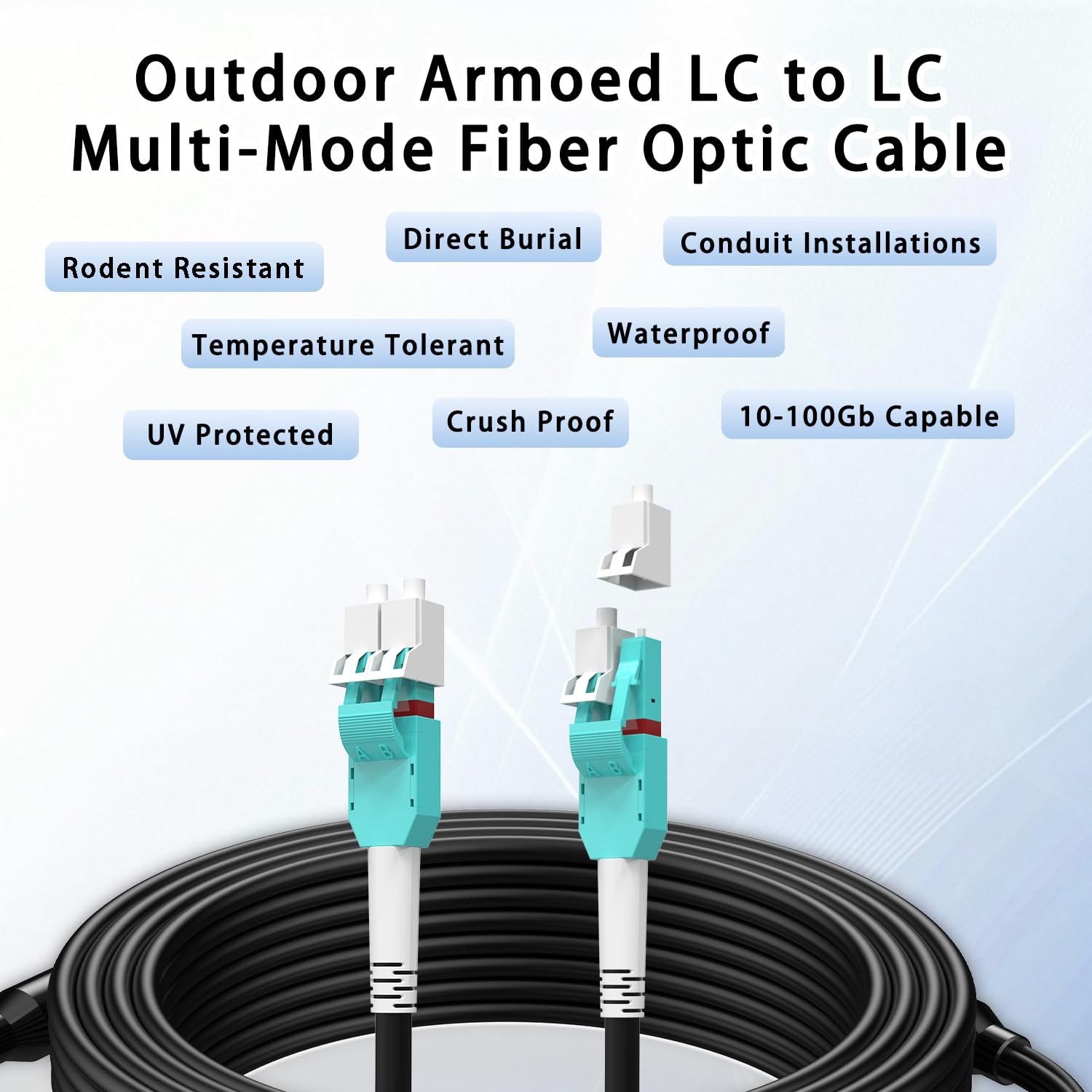 100M/328FT OM3/OM4 LC to LC Outdoor Armored Fiber Optic Patch Cable  Multimode Duplex 50/125μm  10Gb/40Gb/100Gb  Industrial TPU Jacket  Direct Burial  Uniboot  MMF  OD 5mm  Pulling Eye Kit Installed