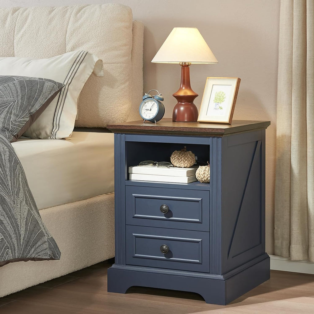QUW Nightstand Set of 2 with Charging Station, Side Table with 2 Drawers and Open Storage, 18" Retro Bedside Table, End Table for Bedroom, Living Room, Blue