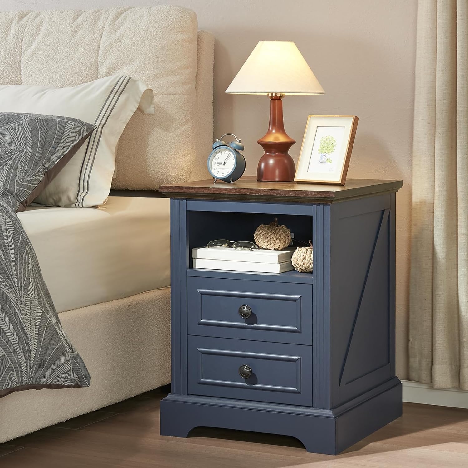 QUW Nightstand Set of 2 with Charging Station, Side Table with 2 Drawers and Open Storage, 18" Retro Bedside Table, End Table for Bedroom, Living Room, Blue