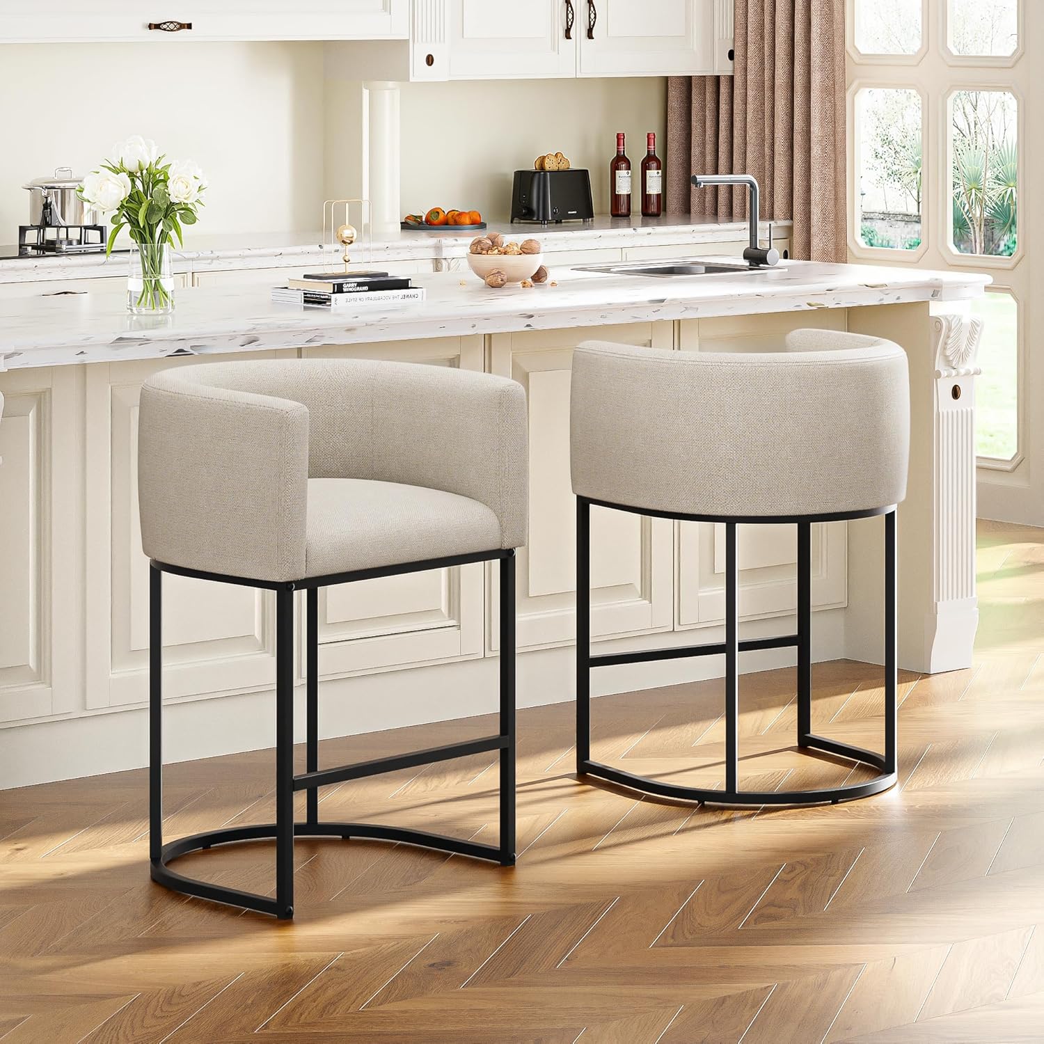 26" H Counter Height Bar Stools Set of 3, Modern Barrel Counter Stools with Backrest and Arms, Linen Fabric Upholstered Accent Barstools for Kitchen Island,Support 450 LBS (Beige)