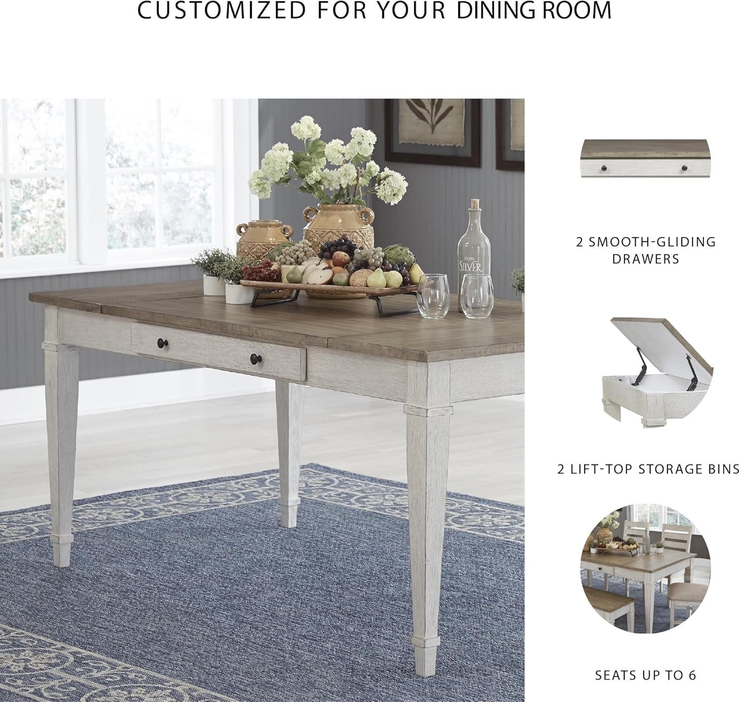 Signature Design by Ashley Skempton Farmhouse Rectangular Dining Room Table with Storage, White & Light Brown