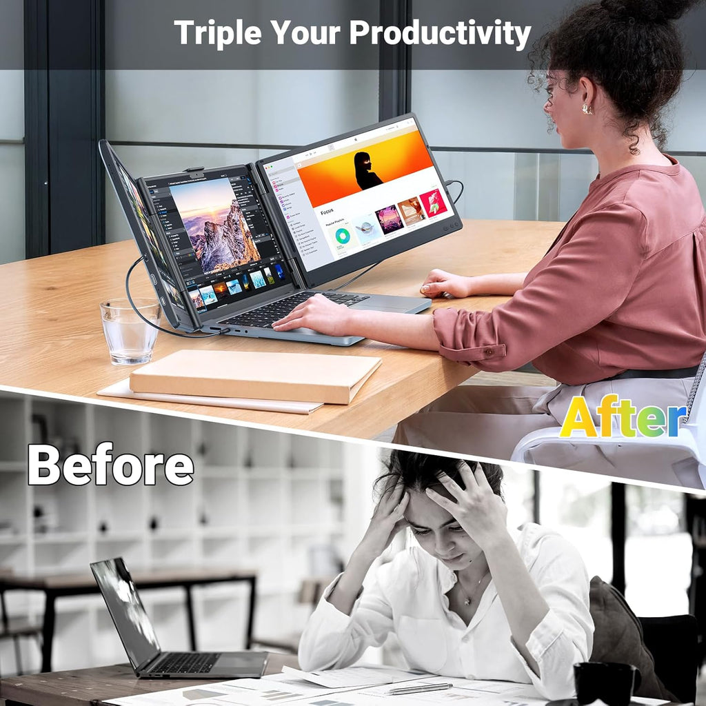 Ygretyrjh Laptop Screen Extender  14" Triple Portable Monitor for Laptop  1080P FHD IPS Screen Extender Monitors for 13"-17"  Travel Monitor for Mac/Windows/Chrome  Built-in Speakers