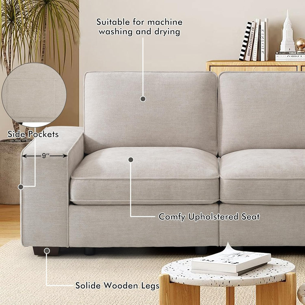 TEKAMON 100" Modular Sectional Sofa with Seats Storage, L Shaped Couch with Movable Ottoman for Living Room, Couch with Chaise, Solid Wood Frame, Spring Cushions, USB Port, Removable Covers, Beige | Seats Storage, Movable Ottoman, Flexible ModularSof