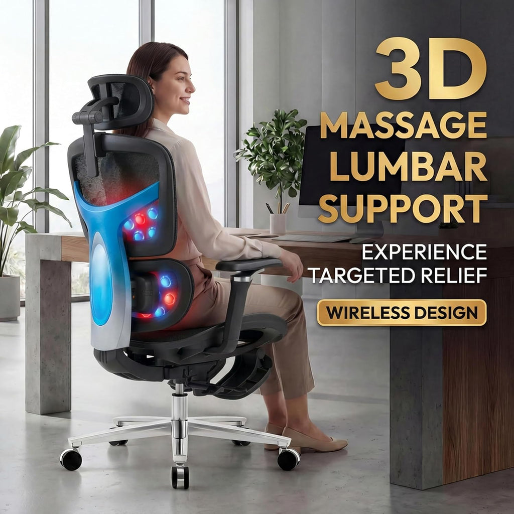 Ergonomic Office Chair with Footrest & Massage Lumbar Support – 4D Headrest & 6D Armrests, Reclining Big and Tall 400LBS Mesh Chair, Adjustable Seat Depth & Back Height, for Home Office/Gaming (Black)