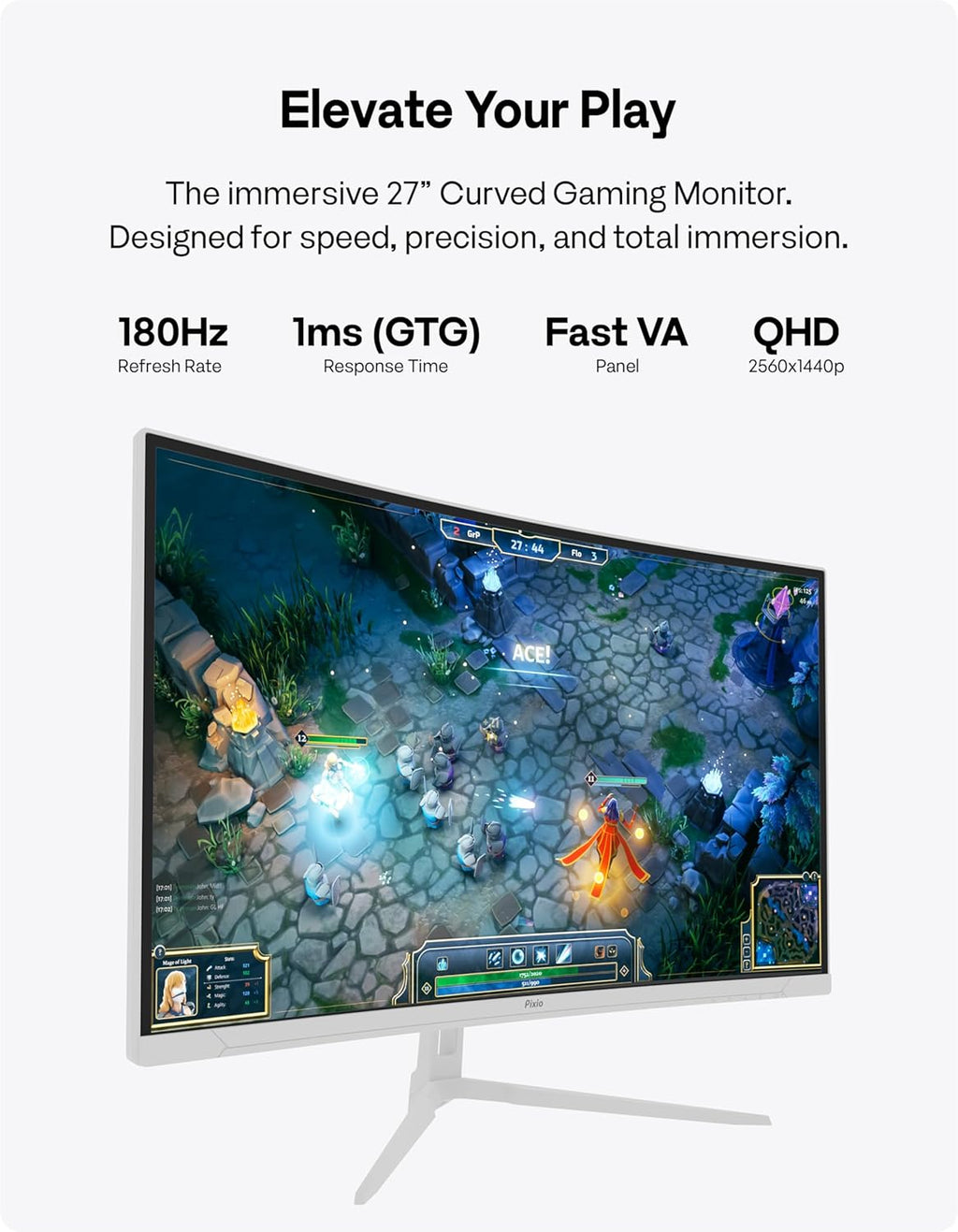 Pixio PXC278 Wave White 27 inch 180Hz Refresh Rate QHD 1440p Resolution 1650R Curved Fast VA Panel 1ms GTG Response Time Adaptive Sync HDR Curved Gaming Monitor