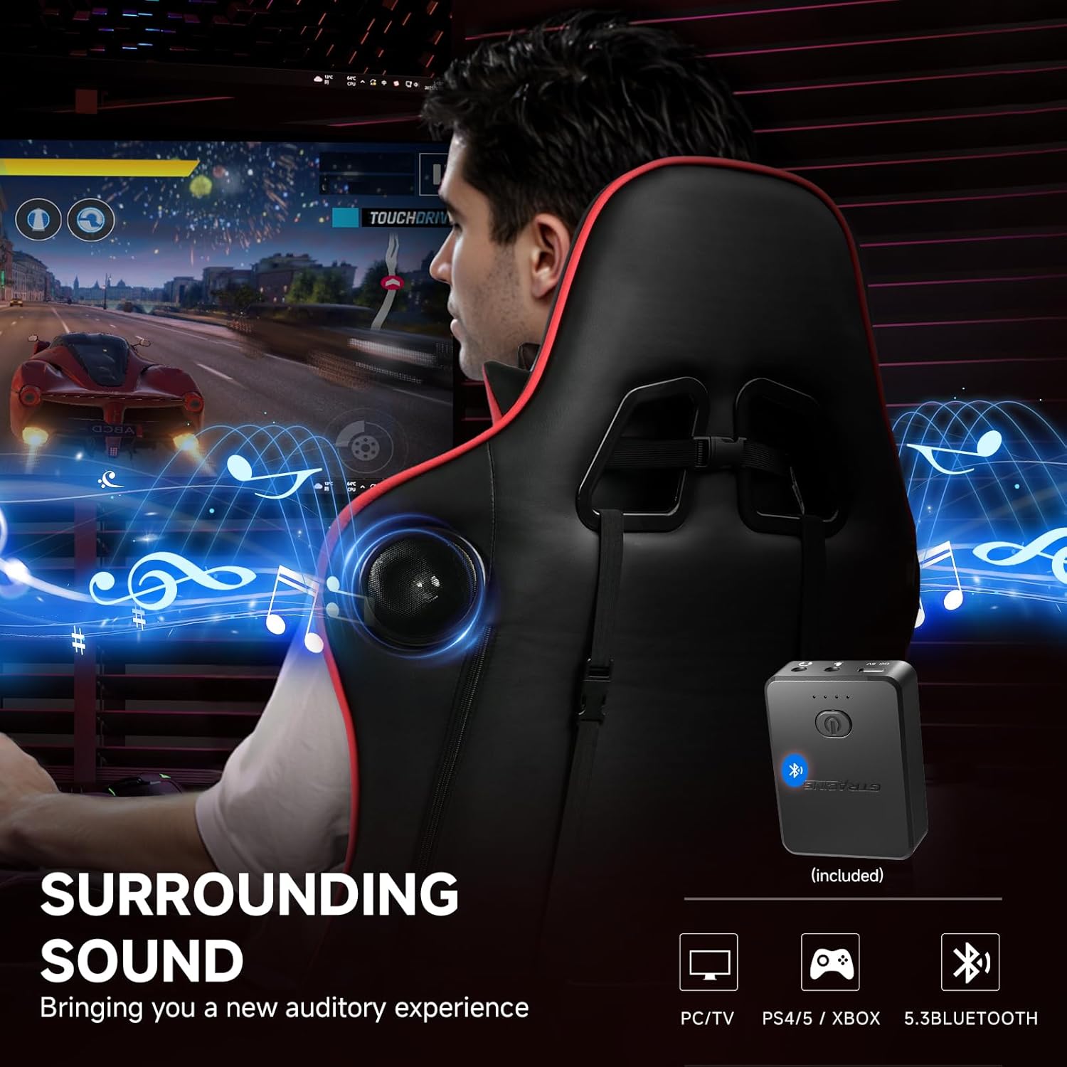 GTPLAYER Gaming Chair,Gamer Chair with Bluetooth and Adjustable Backrest,Seat Height Adjustable Computer Chairs with 3D Armrests,Video Game Chair with Footrest Speakers (Red)