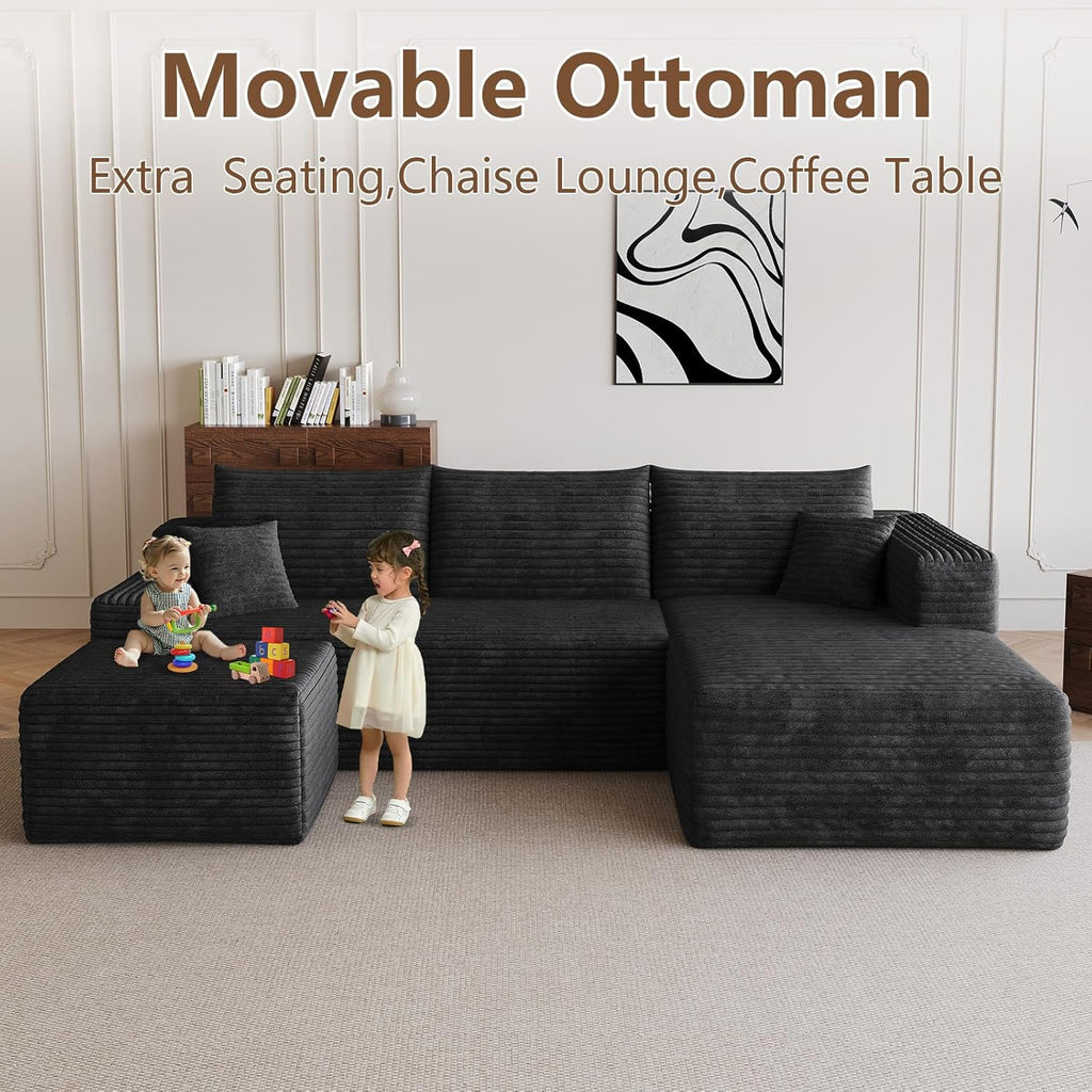 95" Modular Sectional Sofa with Ottoman, Modern Corduroy Cloud Couch with Deep Seat, Boneless Couch Upholstered 3-Seater U-Shaped Sofa for Living Room, No Assembly (Black,Right-Facing Chaise)