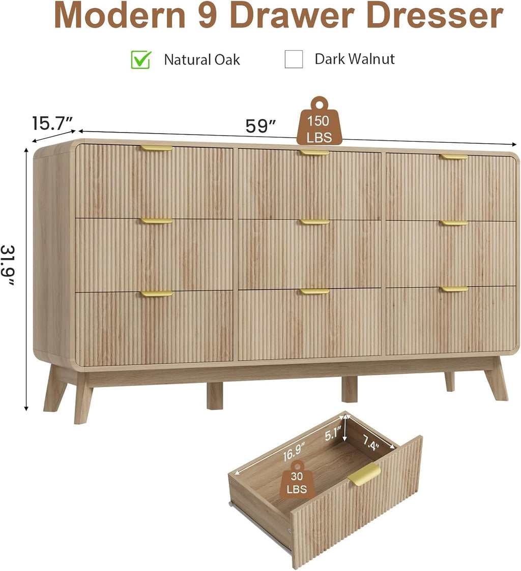 QUW Fluted 59.1" Wide Modern Dresser for Bedroom with 9 Drawers, Tall Chest of Drawers with Metal Handle, Wooden Dresser TV Stand, Hallway, Living Room, Natural Oak