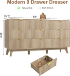 QUW Fluted 59.1" Wide Modern Dresser for Bedroom with 9 Drawers, Tall Chest of Drawers with Metal Handle, Wooden Dresser TV Stand, Hallway, Living Room, Natural Oak