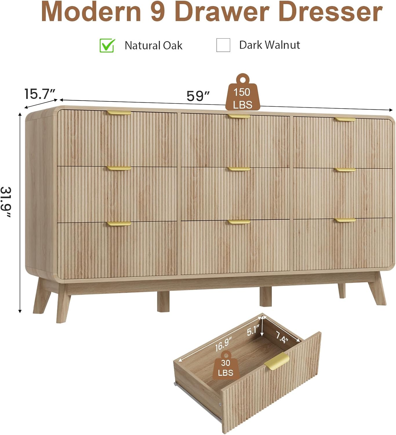 QUW Fluted 59.1" Wide Modern Dresser for Bedroom with 9 Drawers, Tall Chest of Drawers with Metal Handle, Wooden Dresser TV Stand, Hallway, Living Room, Natural Oak