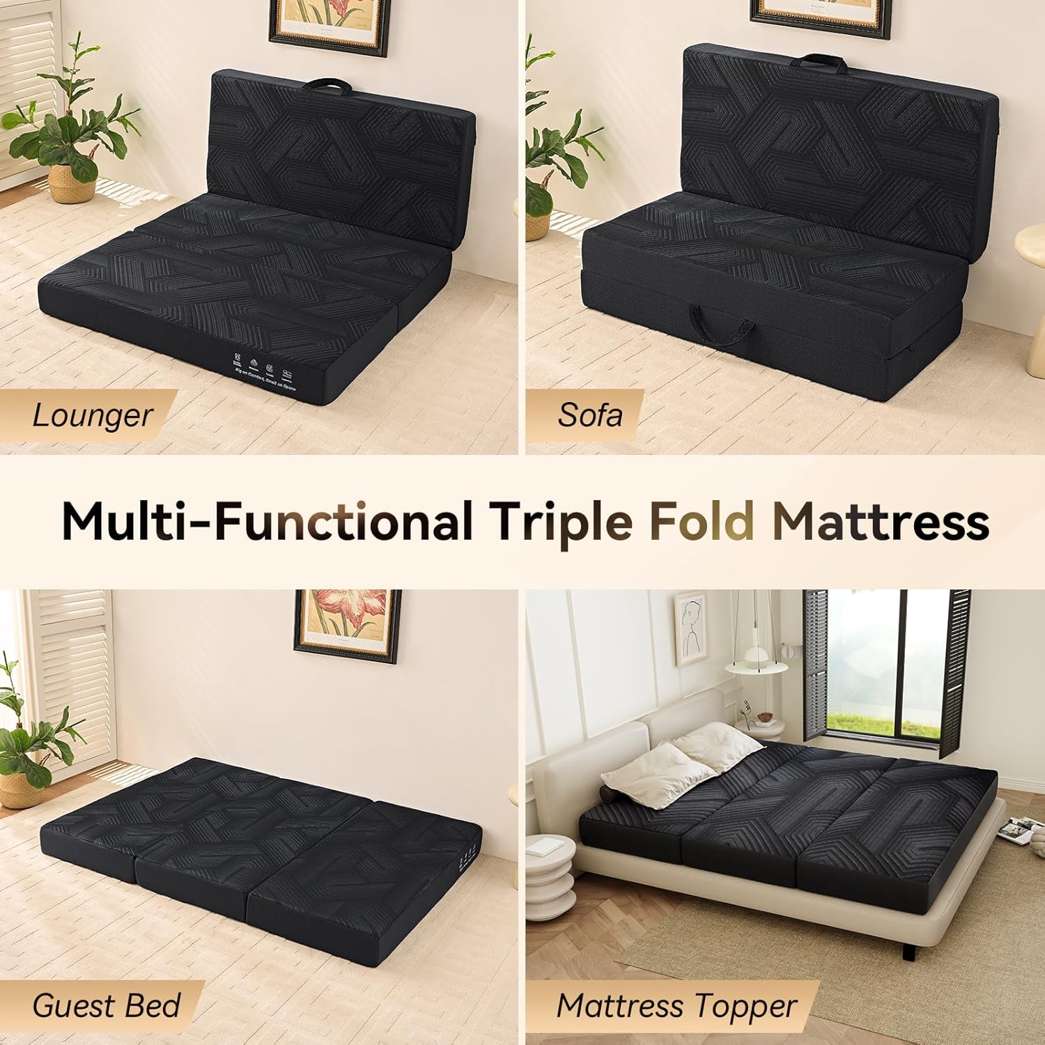 Trifold Mattress, 6 Inch Memory Foam Tri-Fold Mattress Queen Size, Foldable Sofa Bed with Washable Cover, Handles and Non-Slip Bottom for Yoga, Living Room, Camping, 78"x 58" x 6", Black